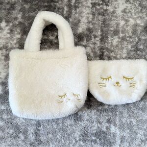 Fluffy White Cat Face Kids Tote and Pouch Set